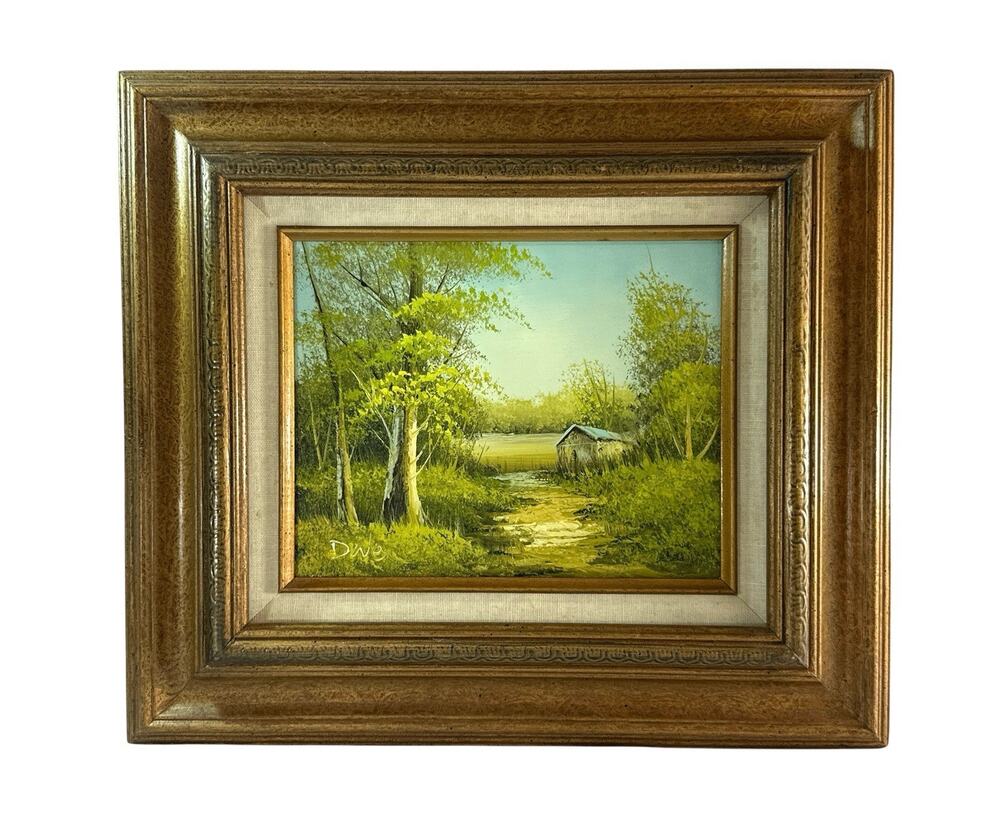 Vintage Original Oil Painting Country Pond Landscape Signed Framed 17x15